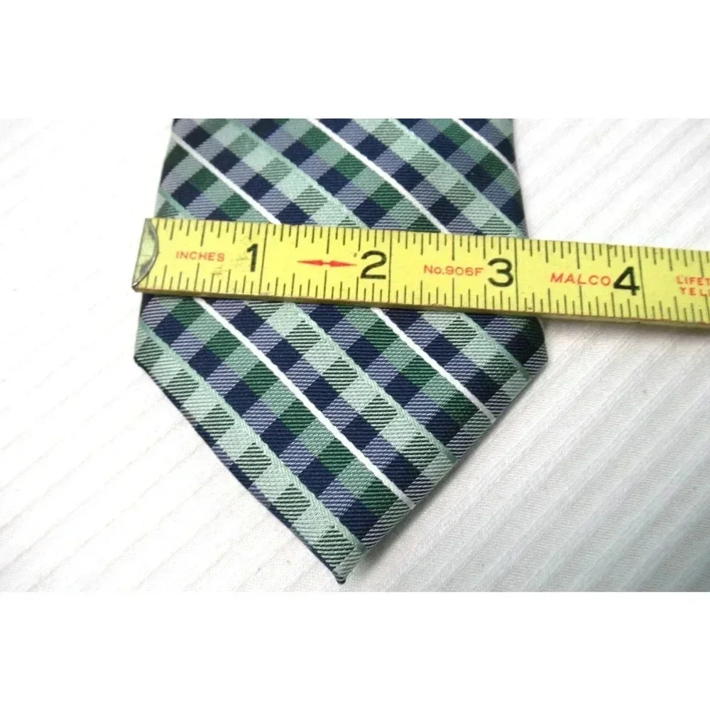 STAFFORD Tailored Cultured Men's Tie Green Blue White Diagonal Plaid Checks